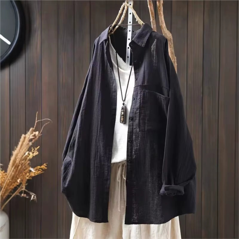 Cotton Turn-Down Collar Long Sleeve Blouse