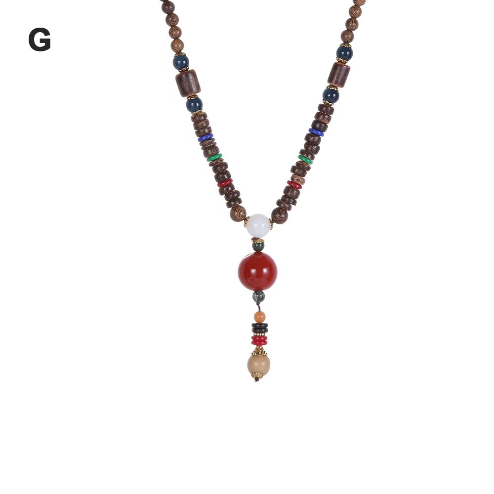 Unisex Handmade Nepal Buddhist Mala Wood Beads Pendant Necklace Boho Hippie Style Ethnic Long Pendant Men Women'S Jewelry Gifts