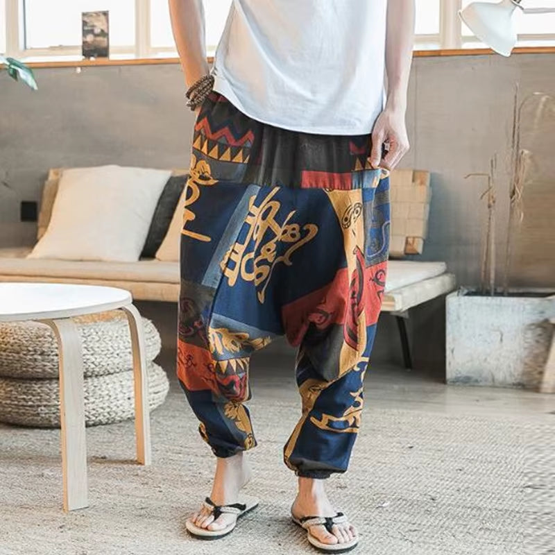 2023 Men Harem Pants Print Retro Drop Crotch Joggers Cotton Trousers Men Baggy Loose Nepal Style Men Casual Pants S-5XL