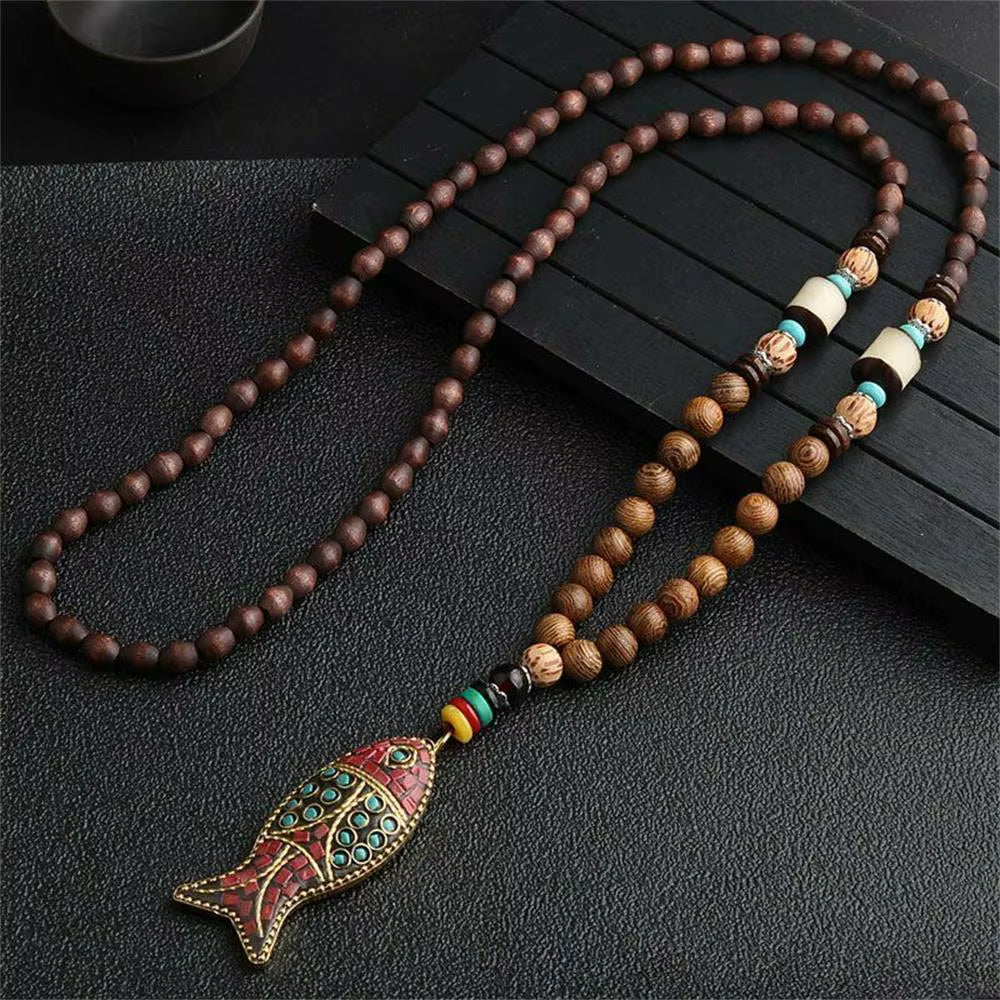 Unisex Handmade Nepal Buddhist Mala Wood Beads Pendant Necklace Boho Hippie Style Ethnic Long Pendant Men Women'S Jewelry Gifts