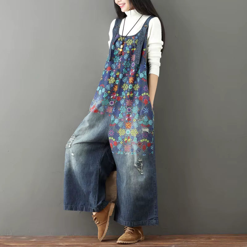 Printed Floral Overall Jeans