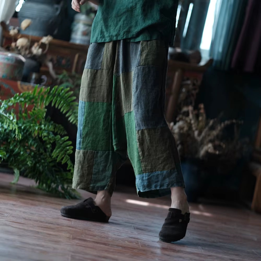 Wide Leg Pants Elastic Waist Patchwork