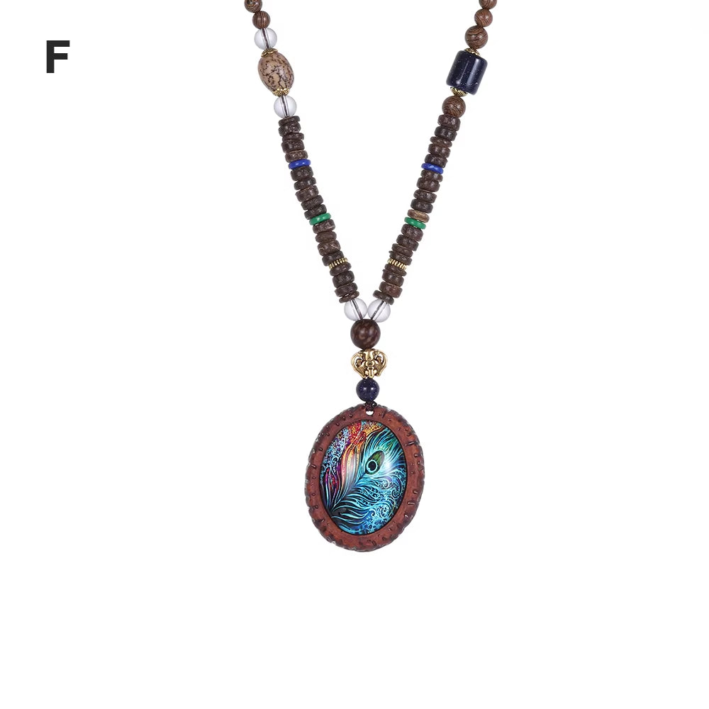 Unisex Handmade Nepal Buddhist Mala Wood Beads Pendant Necklace Boho Hippie Style Ethnic Long Pendant Men Women'S Jewelry Gifts