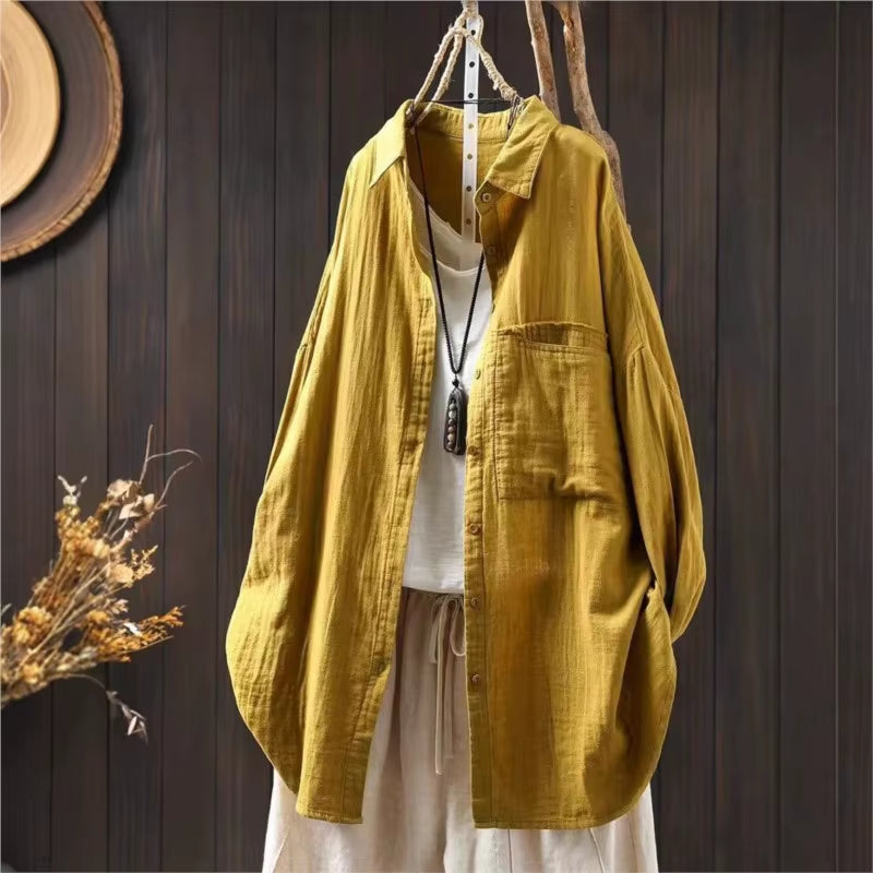 Cotton Turn-Down Collar Long Sleeve Blouse
