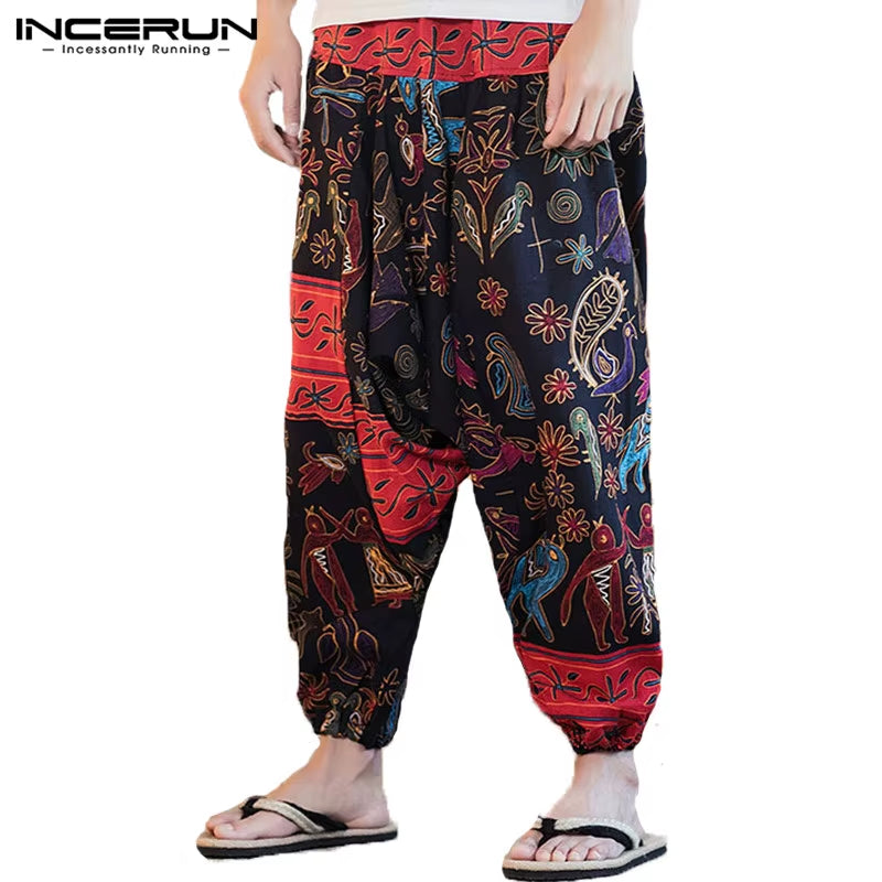 2023 Men Harem Pants Print Retro Drop Crotch Joggers Cotton Trousers Men Baggy Loose Nepal Style Men Casual Pants S-5XL