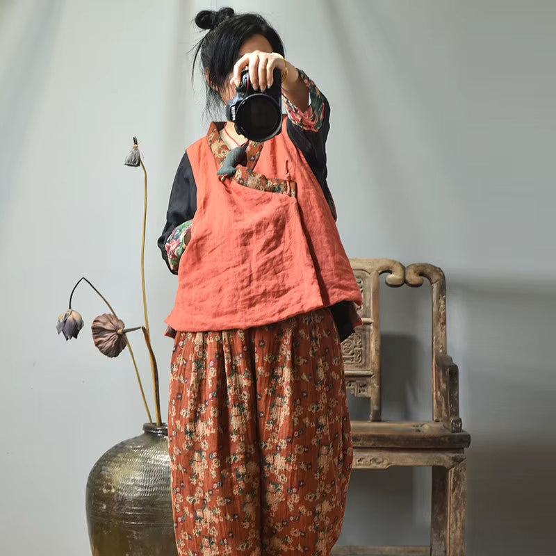 Women Loose Retro Linen Patchwork Padded Vests Top Waistcoat Outerwear Ladies Vintage Flax Vest Female 2020 Autumn Winter Vests