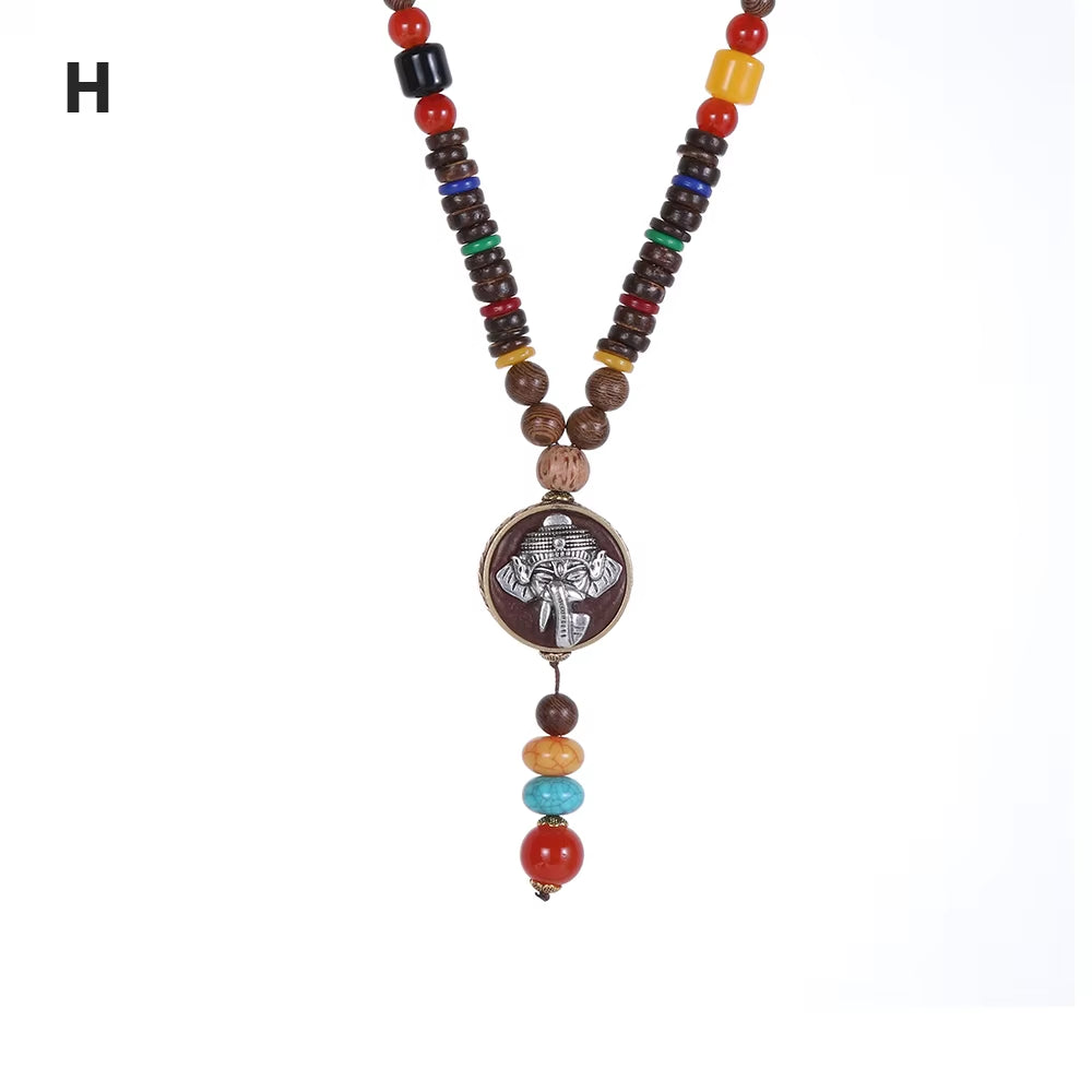 Unisex Handmade Nepal Buddhist Mala Wood Beads Pendant Necklace Boho Hippie Style Ethnic Long Pendant Men Women'S Jewelry Gifts