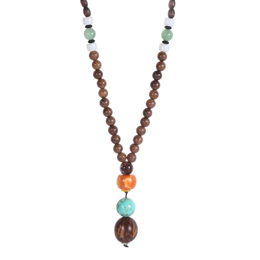 Unisex Handmade Nepal Buddhist Mala Wood Beads Pendant Necklace Boho Hippie Style Ethnic Long Pendant Men Women'S Jewelry Gifts
