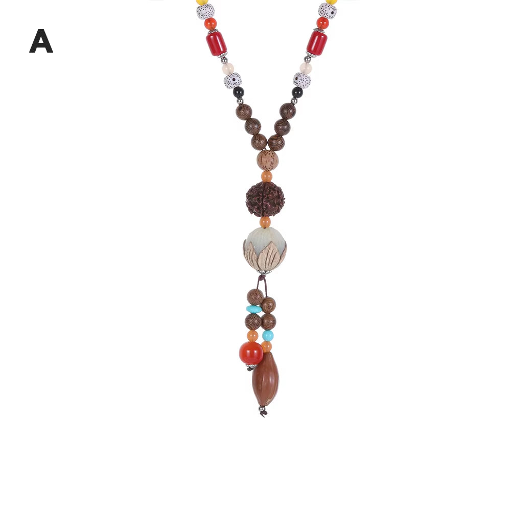 Unisex Handmade Nepal Buddhist Mala Wood Beads Pendant Necklace Boho Hippie Style Ethnic Long Pendant Men Women'S Jewelry Gifts