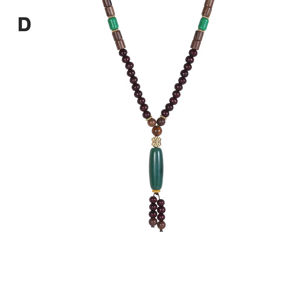 Unisex Handmade Nepal Buddhist Mala Wood Beads Pendant Necklace Boho Hippie Style Ethnic Long Pendant Men Women'S Jewelry Gifts
