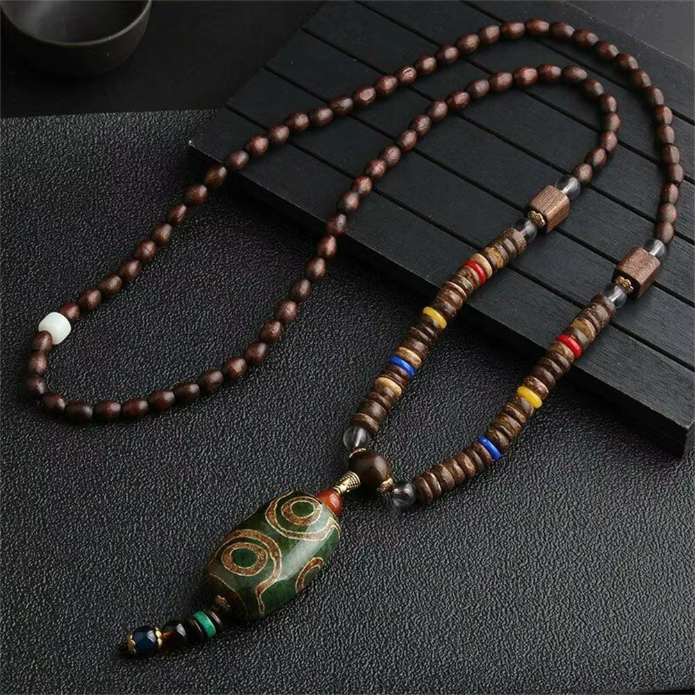 Unisex Handmade Nepal Buddhist Mala Wood Beads Pendant Necklace Boho Hippie Style Ethnic Long Pendant Men Women'S Jewelry Gifts
