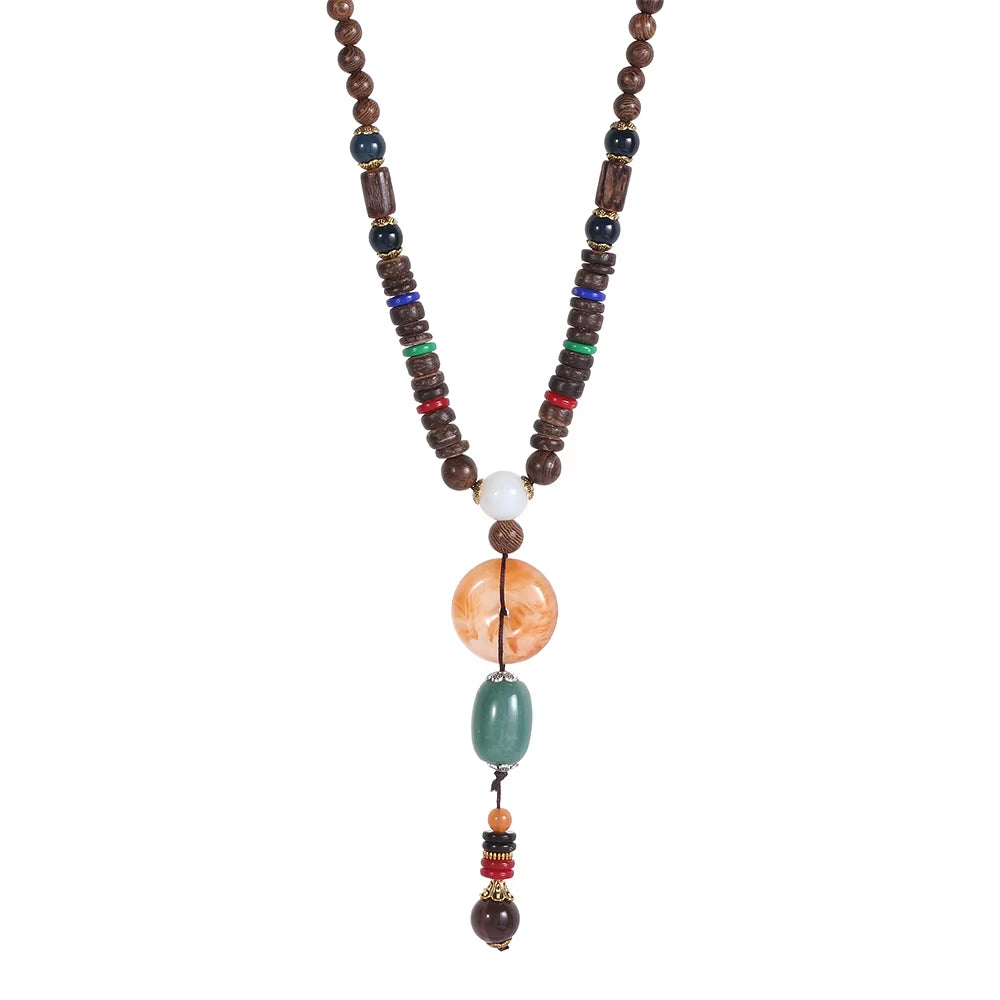 Unisex Handmade Nepal Buddhist Mala Wood Beads Pendant Necklace Boho Hippie Style Ethnic Long Pendant Men Women'S Jewelry Gifts