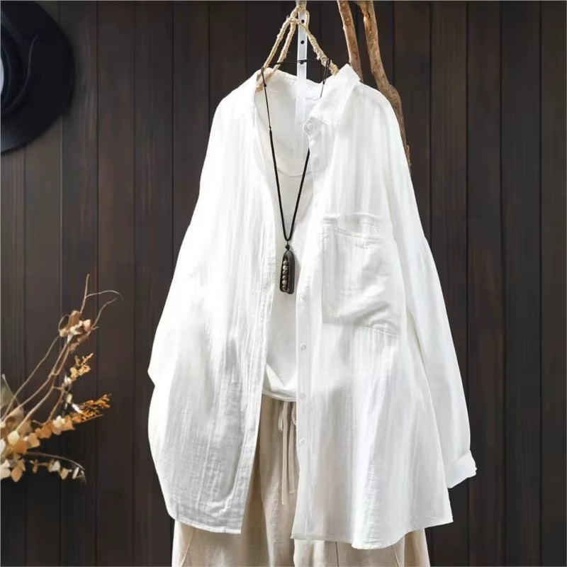Cotton Turn-Down Collar Long Sleeve Blouse