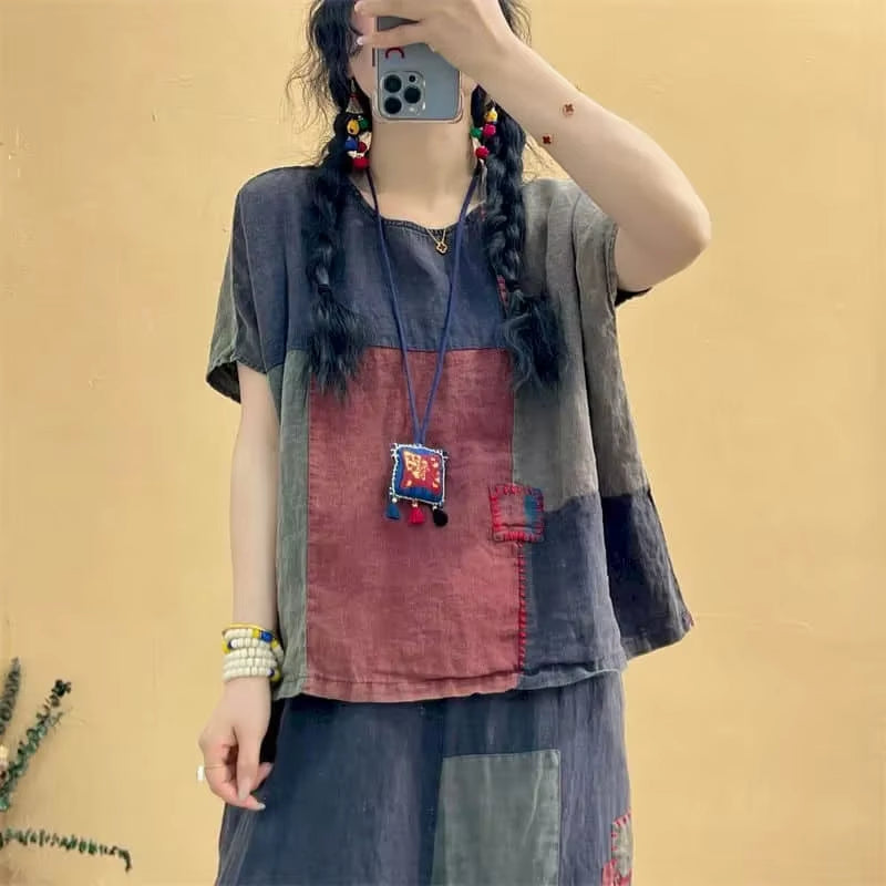 Sets Patchwork Vintage Shirt and Casual Harem Pants