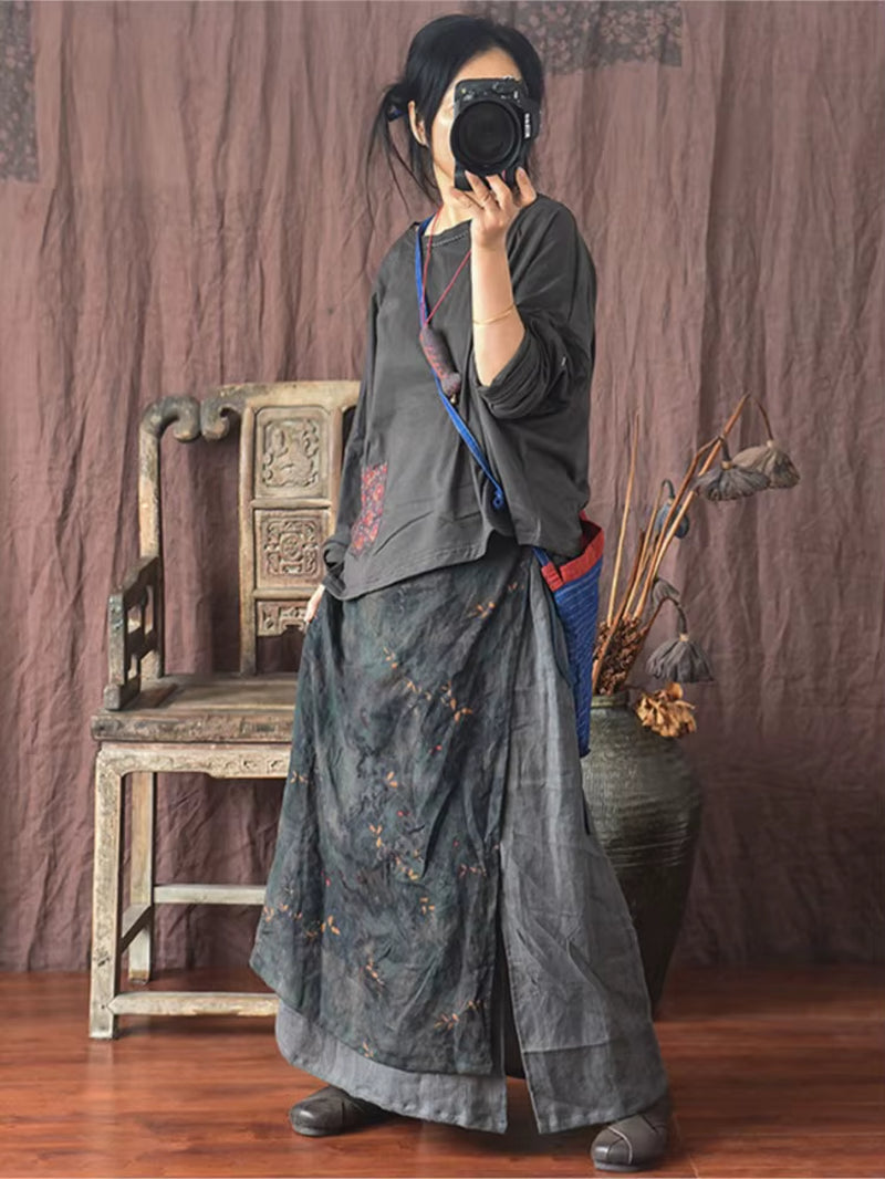 Women Linen Patchwork Skirts Ladies Loose Skirt Female 2025 Skirt Spring Autumn Summer Skirts