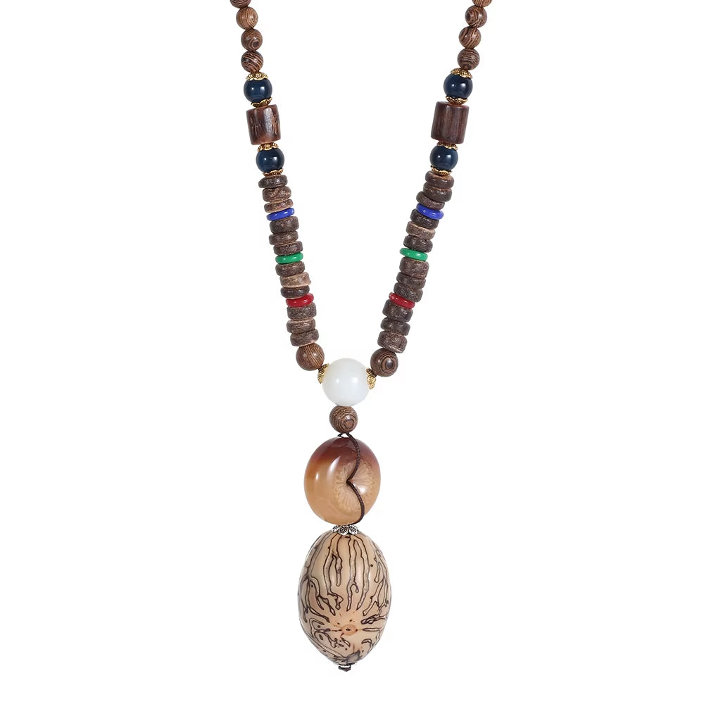 Unisex Handmade Nepal Buddhist Mala Wood Beads Pendant Necklace Boho Hippie Style Ethnic Long Pendant Men Women'S Jewelry Gifts