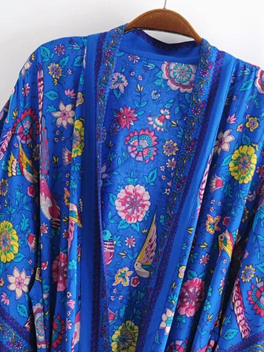 Blue Peacock Floral Print Sashes Bohemian Kimono for Women V Neck Batwing Sleeves Beach Maxi Dress Boho Robe Cover-Ups