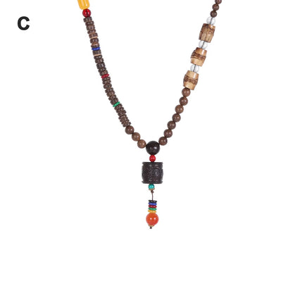 Unisex Handmade Nepal Buddhist Mala Wood Beads Pendant Necklace Boho Hippie Style Ethnic Long Pendant Men Women'S Jewelry Gifts