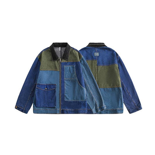 Retro Distressed Loose Leisure Washed-Out Patchwork Denim Jacket