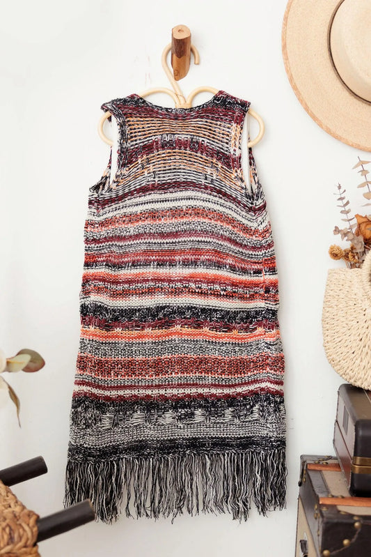 Striped Crochet Fringe Vest
