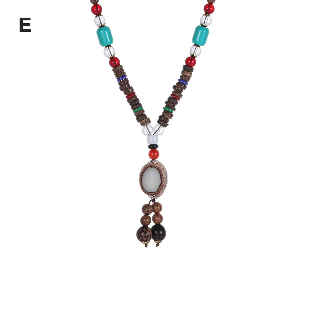 Unisex Handmade Nepal Buddhist Mala Wood Beads Pendant Necklace Boho Hippie Style Ethnic Long Pendant Men Women'S Jewelry Gifts