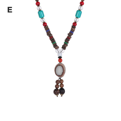 Unisex Handmade Nepal Buddhist Mala Wood Beads Pendant Necklace Boho Hippie Style Ethnic Long Pendant Men Women'S Jewelry Gifts