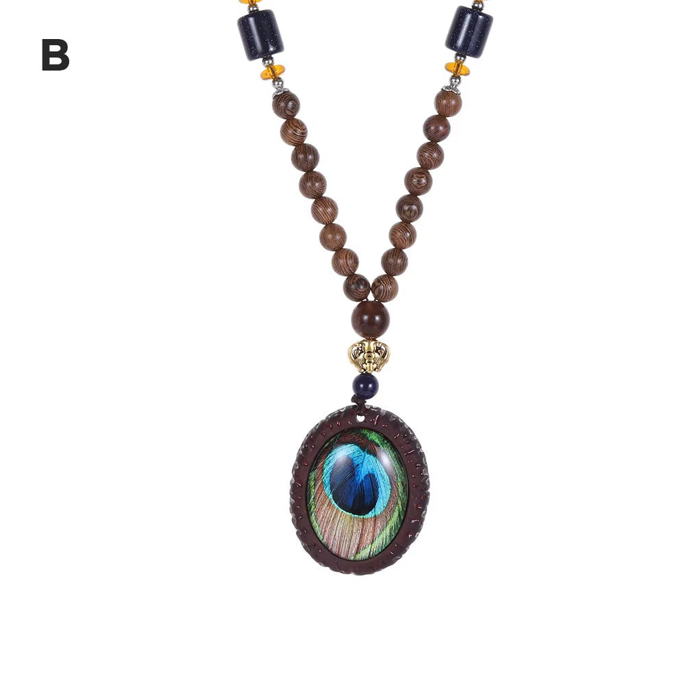 Unisex Handmade Nepal Buddhist Mala Wood Beads Pendant Necklace Boho Hippie Style Ethnic Long Pendant Men Women'S Jewelry Gifts