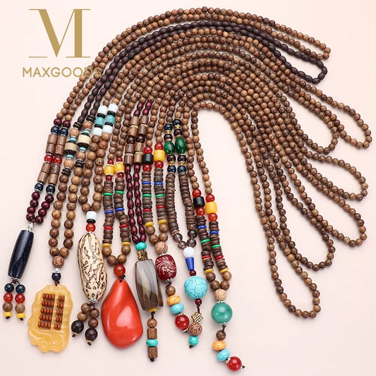 Unisex Handmade Nepal Buddhist Mala Wood Beads Pendant Necklace Boho Hippie Style Ethnic Long Pendant Men Women'S Jewelry Gifts