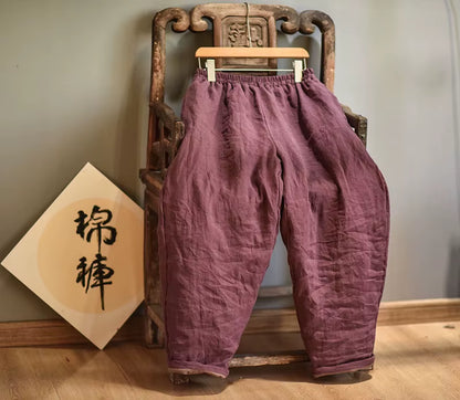 Women Loose Linen Elastic Waist Padded Pants Ladies Vintage Spliced Flax Trousers Female 2020 Pants