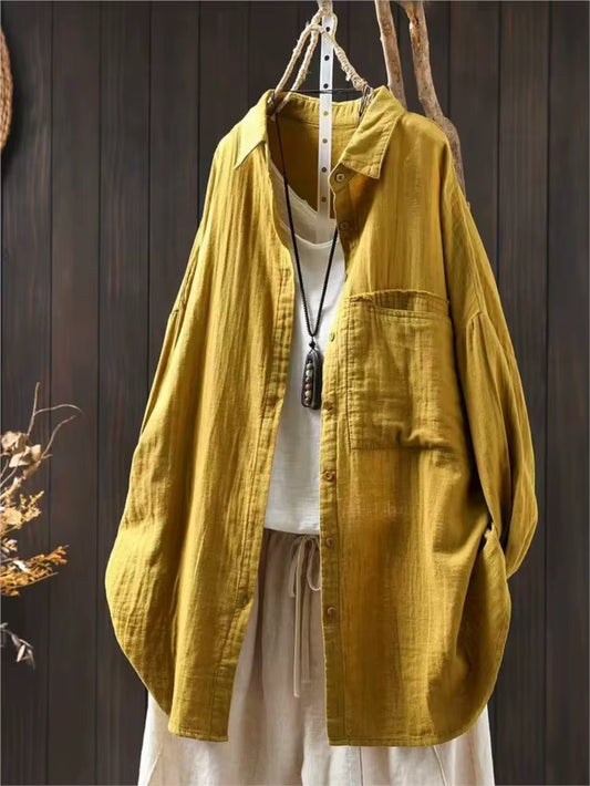 Cotton Turn-Down Collar Long Sleeve Blouse