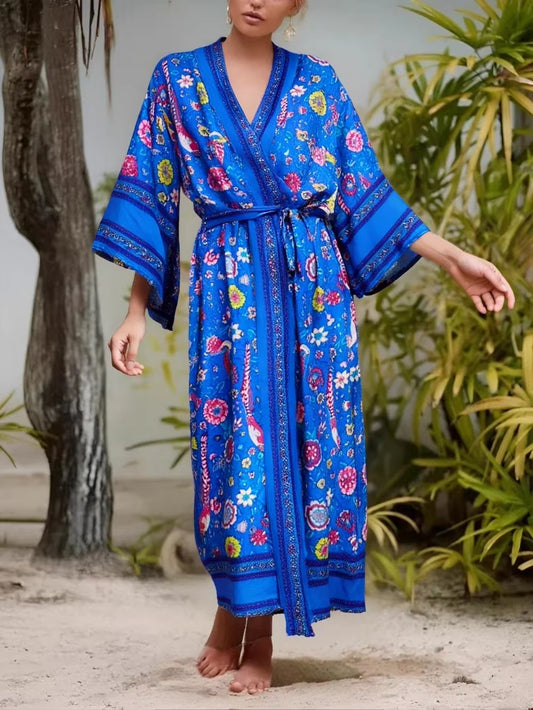 Blue Peacock Floral Print Sashes Bohemian Kimono for Women V Neck Batwing Sleeves Beach Maxi Dress Boho Robe Cover-Ups