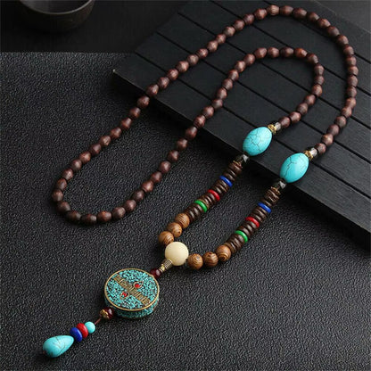 Unisex Handmade Nepal Buddhist Mala Wood Beads Pendant Necklace Boho Hippie Style Ethnic Long Pendant Men Women'S Jewelry Gifts