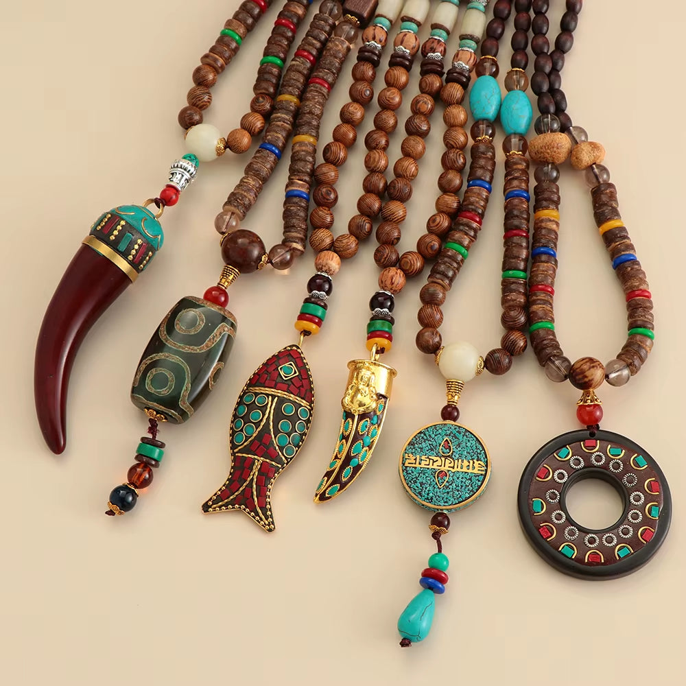 Unisex Handmade Nepal Buddhist Mala Wood Beads Pendant Necklace Boho Hippie Style Ethnic Long Pendant Men Women'S Jewelry Gifts