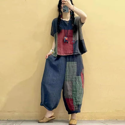  Sets Patchwork Vintage Shirt and Casual Harem Pants