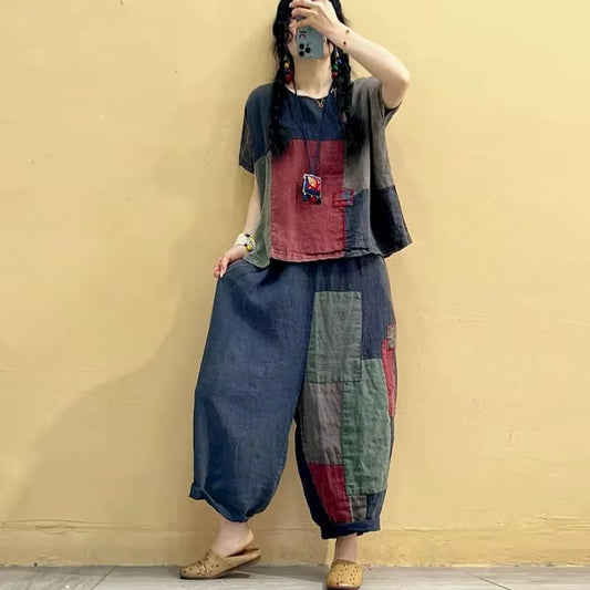  Sets Patchwork Vintage Shirt and Casual Harem Pants