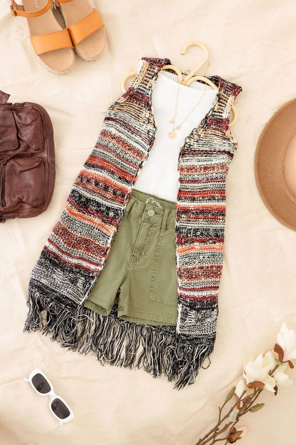 Striped Crochet Fringe Vest