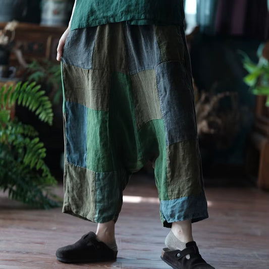 Wide Leg Pants Elastic Waist Patchwork 