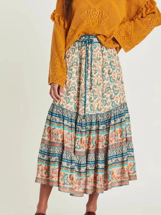 Vintage Chic Hippie Women Floral Peacock Printed High Waist Beach Bohemian Skirts Ladies Rayon Cotton A-Line Midi Boho Skirt