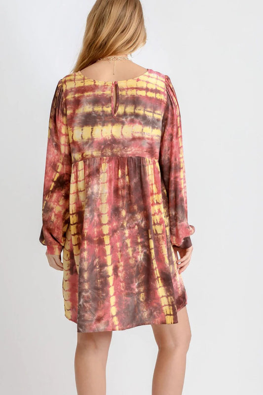 Umgee Full Size Tie Dye Long Sleeve Babydoll Dress with Keyhole plus Size