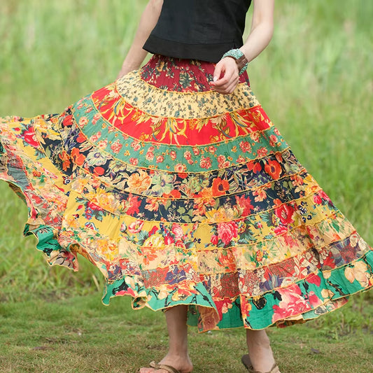 Women Loose Cotton Patchwork Elastic Waist National Style Skirts Ladies Vintage Summer Skirts Female 2022 Spliced Colorful Skirt