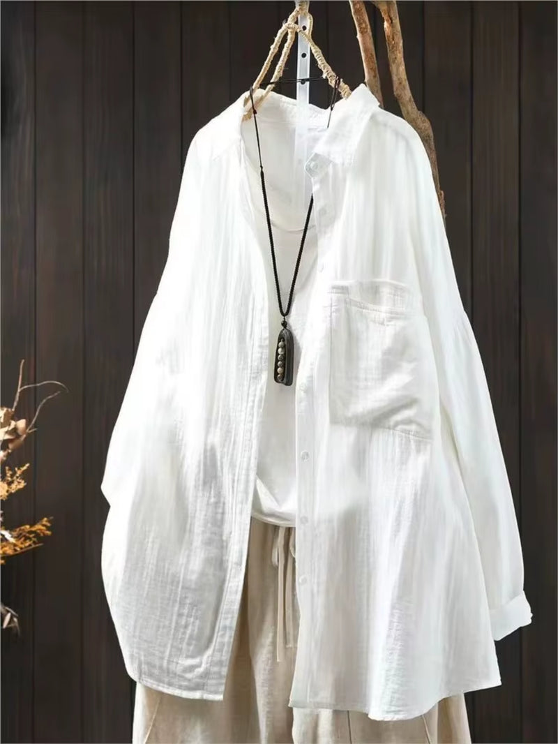  Cotton Turn-Down Collar Long Sleeve Blouse