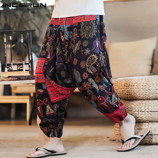 2023 Men Harem Pants Print Retro Drop Crotch Joggers Cotton Trousers Men Baggy Loose Nepal Style Men Casual Pants S-5XL