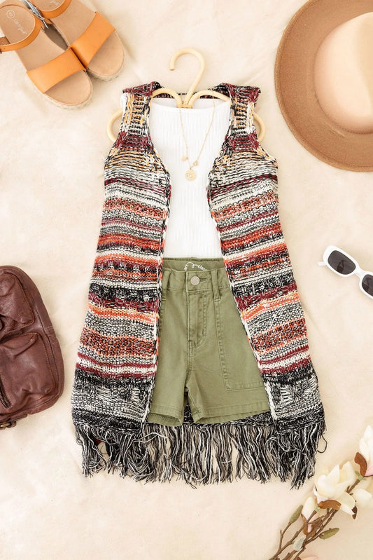 Striped Crochet Fringe Vest