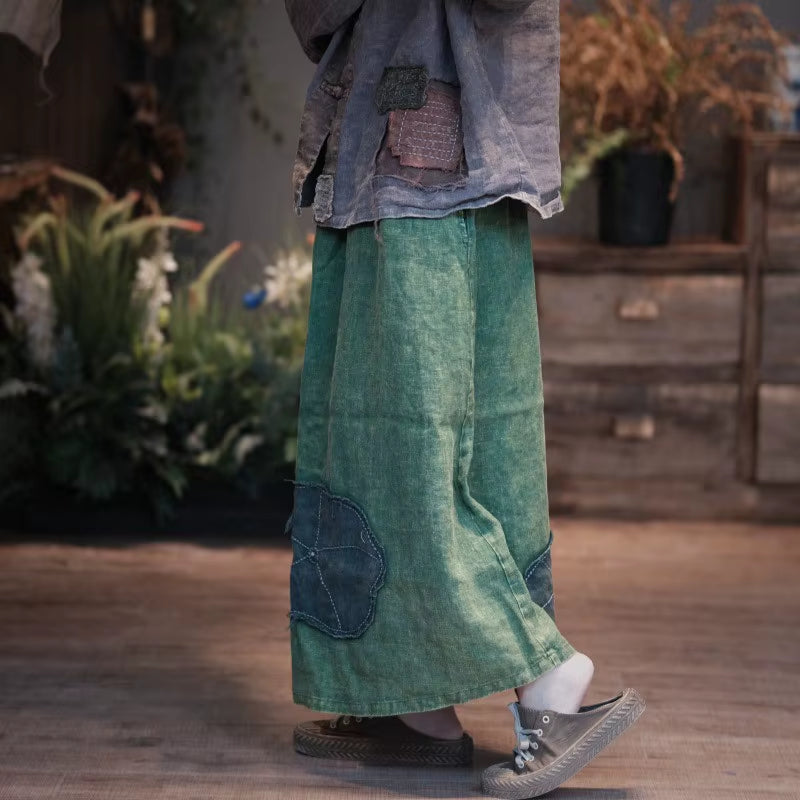 High Quality Cotton Linen Long Green Skirt Autumn