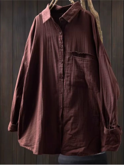  Cotton Turn-Down Collar Long Sleeve Blouse