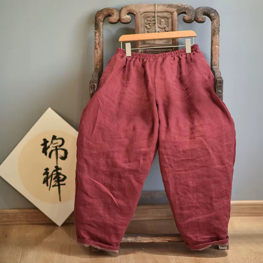 Women Loose Linen Elastic Waist Padded Pants Ladies Vintage Spliced Flax Trousers Female 2020 Pants