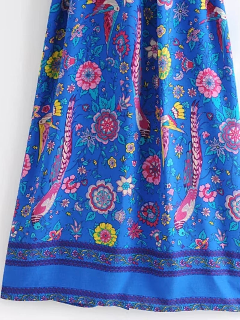Blue Peacock Floral Print Sashes Bohemian Kimono for Women V Neck Batwing Sleeves Beach Maxi Dress Boho Robe Cover-Ups