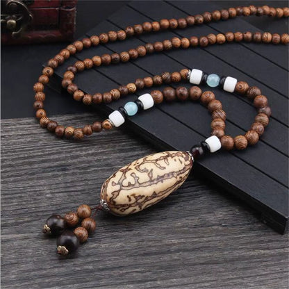 Unisex Handmade Nepal Buddhist Mala Wood Beads Pendant Necklace Boho Hippie Style Ethnic Long Pendant Men Women'S Jewelry Gifts