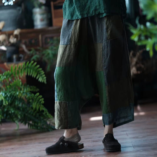  Wide Leg Pants Elastic Waist Patchwork 