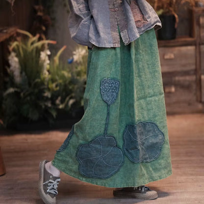 High Quality Cotton Linen Long Green Skirt Autumn